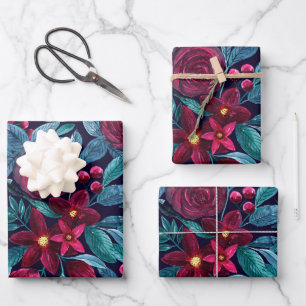 Elegant Navy Burgundy Weihnachten Floral Wasserfar Geschenkpapier Set