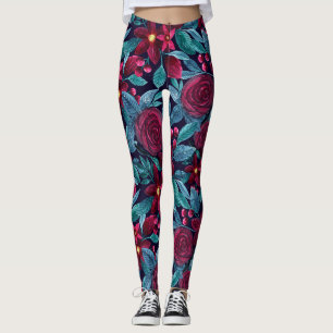 Elegant Navy Burgundy Weihnachten Floral Wasserfar Leggings