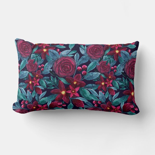 Elegant Navy Burgundy Weihnachten Floral Wasserfar Lendenkissen (Vorderseite)