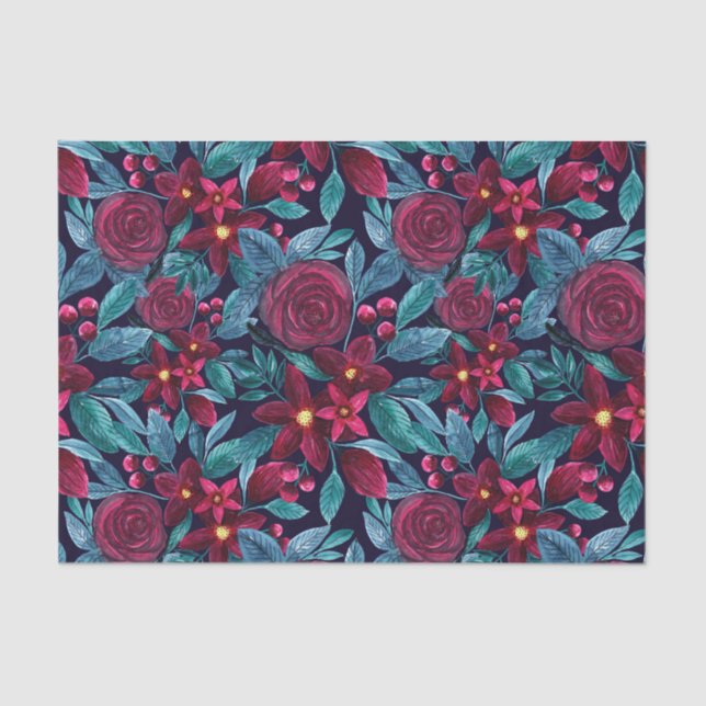 Elegant Navy Burgundy Weihnachten Floral Wasserfar Seidenpapier (Vorderseite)