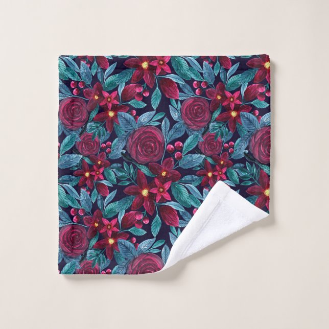 Elegant Navy Burgundy Weihnachten Floral Wasserfar Waschlappen (Waschlappen)
