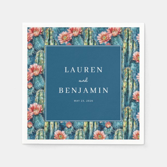 Elegant Navy Cactus Floral Serviette (Vorderseite)