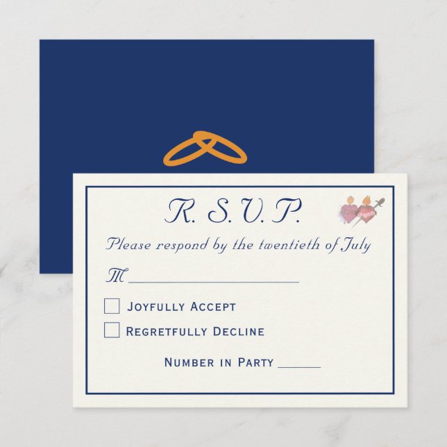 Elegant Navy & Cream Two Hearts Catholic Wedding  RSVP Karte (Vorne/Hinten)