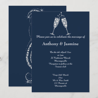 ELEGANT NAVY DIAMOND SWIRL CHAMPAGNE GLASS WEDD EINLADUNG
