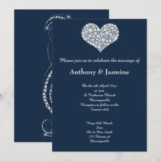 ELEGANT NAVY DIAMOND SWIRL HEART WEDD EINLADUNG