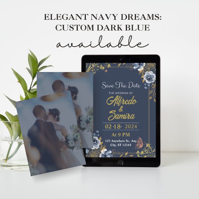 Elegant Navy Dreams: Custom Dark Blue With Photo  Einladung (Elegant Navy Dreams: Custom Dark Blue)