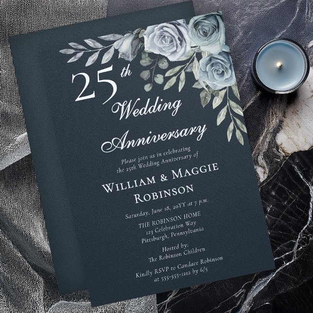 Elegant Navy Floral 25th Wedding Anniversary Einladung (Elegant navy floral 25th anniversary invitation with romantic watercolor roses)