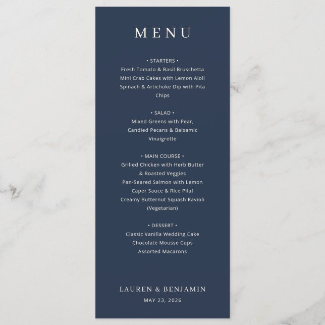 Elegant Navy Formal Menu Menükarte (Vorderseite)