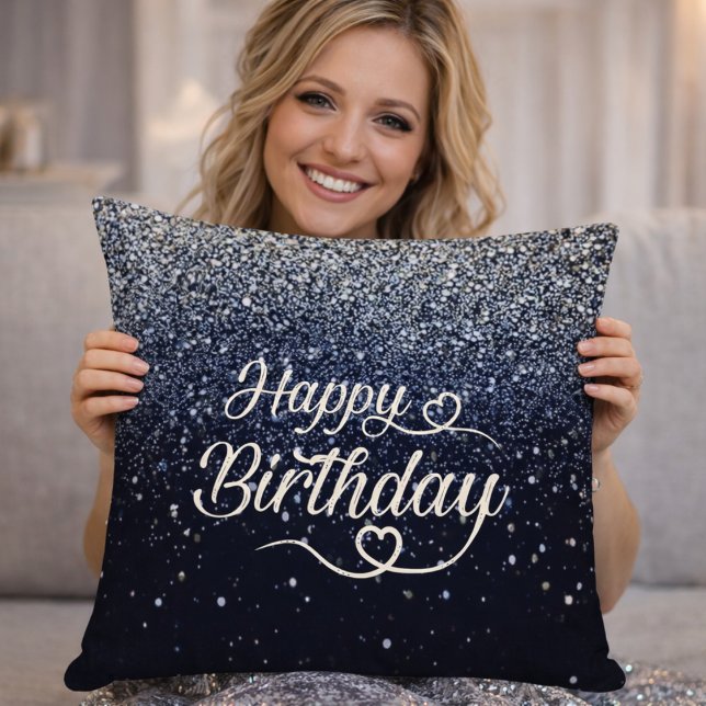 Elegant Navy Glitter Happy Birthday Throw Pillow Kissen (Von Creator hochgeladen)