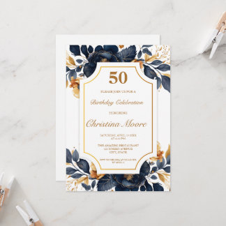Elegant Navy & Gold 50. Geburtstag Einladung