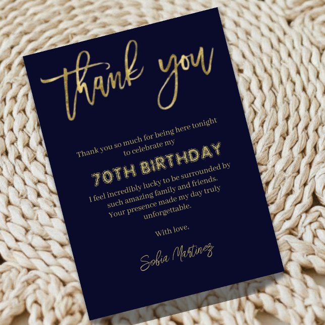 Elegant Navy Gold 70th Birthday Thank You Card Dankeskarte (Von Creator hochgeladen)