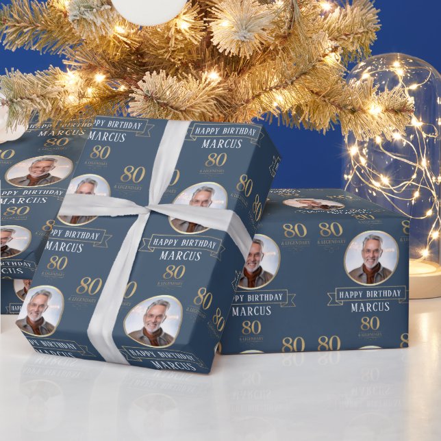 Elegant Navy & Gold 80. & Legendary Birthday Geschenkpapier (Feiertage)