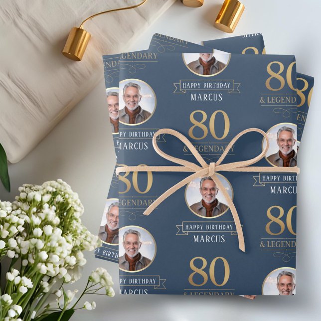 Elegant Navy & Gold 80. & Legendary Birthday Geschenkpapier Set (Von Creator hochgeladen)