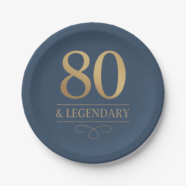Elegant Navy & Gold 80. & Legendary Birthday Pappteller (Vorderseite)