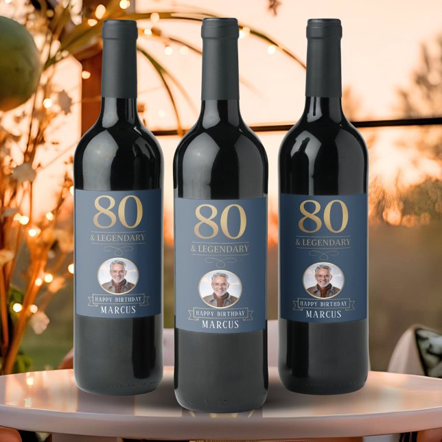 Elegant Navy & Gold 80. & Legendary Birthday Weinetikett (Von Creator hochgeladen)