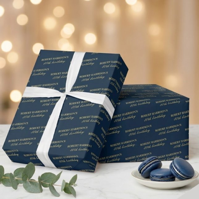 Elegant Navy & Gold 80th Birthday Personalized Geschenkpapier (Von Creator hochgeladen)