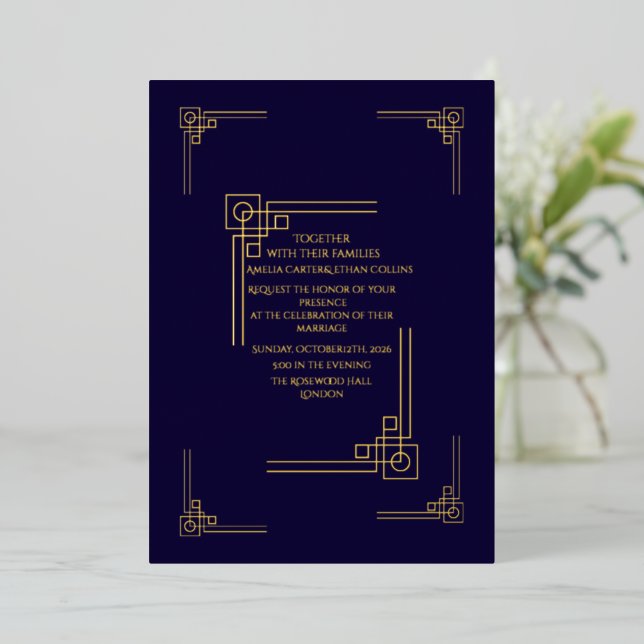 Elegant Navy & Gold Art Deco Personalisiert Folieneinladung (Stehend vorne)