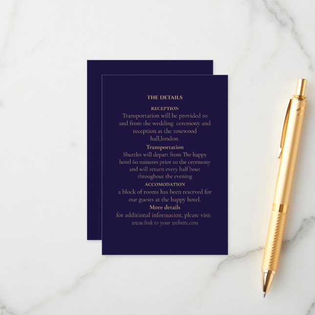 Elegant Navy& Gold Art Deco Personalized  Begleitkarte (Vorderseite/Rückseite Beispiel)