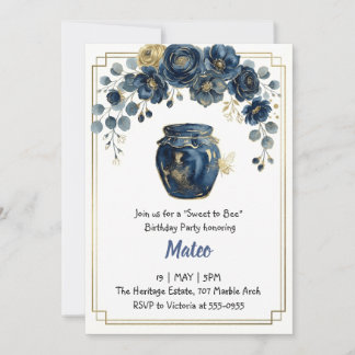 Elegant Navy Gold Blumen Biene Honig Geburtstag Einladung
