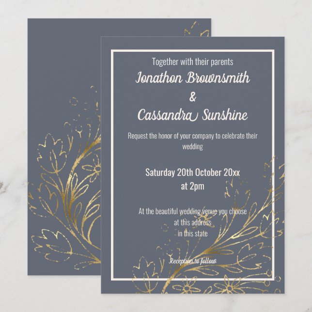 ELEGANT NAVY GOLD BLUSH LEAF WEDD EINLADUNG (Vorne/Hinten)