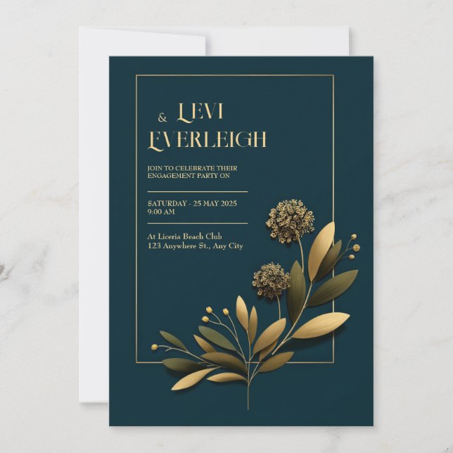 Elegant Navy Gold Botanical Wedding Einladung (Vorderseite)
