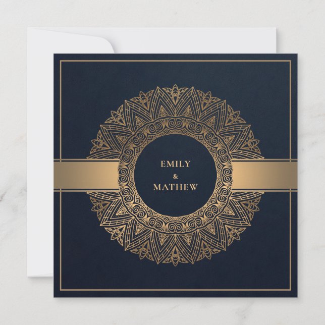 ELEGANT NAVY GOLD CLASSIC VERZIERT MANDALA WEDD EINLADUNG (Rückseite)