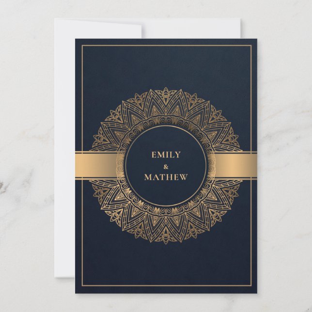ELEGANT NAVY GOLD CLASSIC VERZIERT MANDALA WEDD EINLADUNG (Rückseite)