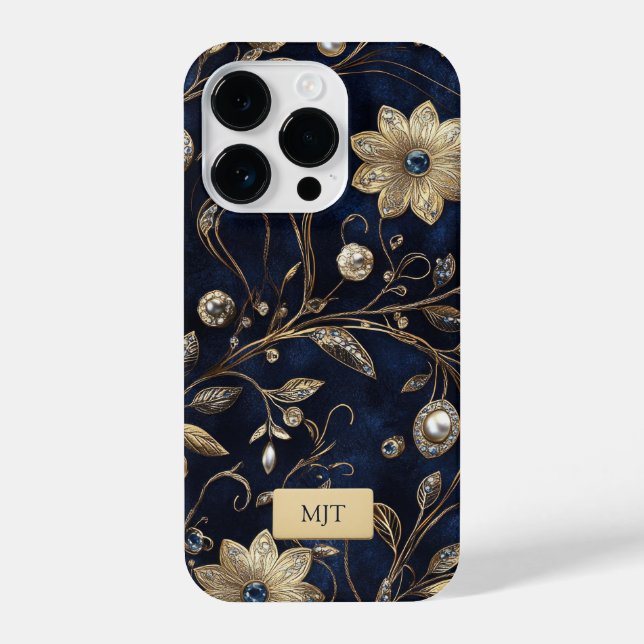 Elegant Navy Gold Floral Phone Case iPhone Hülle (Rückseite)