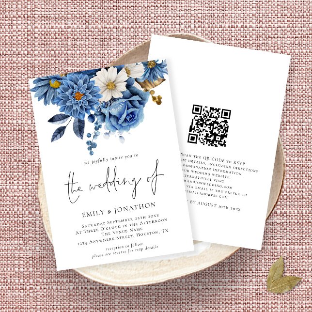 Elegant Navy Gold Florals QR Code Hochzeit Einladung (Von Creator hochgeladen)
