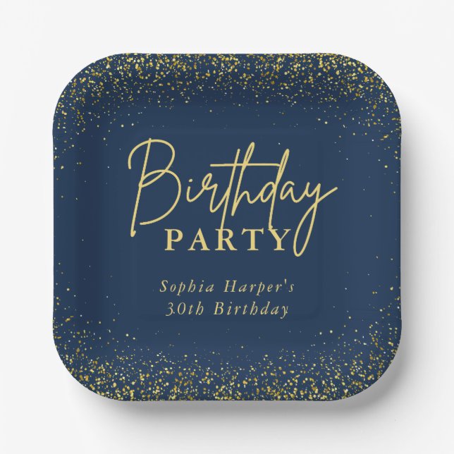 Elegant Navy Gold Glitter Confetti Birthday Party Pappteller (Vorderseite)