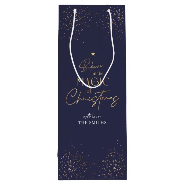 Elegant Navy & Gold Glitter Family Name Christmas Geschenktüte Für Weinflaschen (Rückseite)