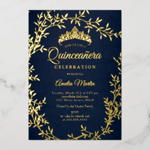 Elegant Navy Gold Leaf Wreath Quinceanera Folieneinladung