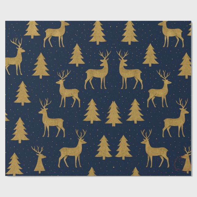 Elegant Navy & Gold Reindeer Christmas Wrapping Pa Geschenkpapier (Flach)