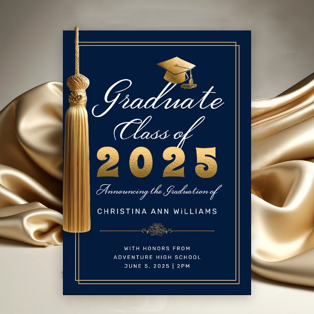 Elegant Navy Gold Script Class of 2025 Graduate Ankündigung (Elegant Gold White Script on Navy Blue with thin gold frame Graduation Announcement)