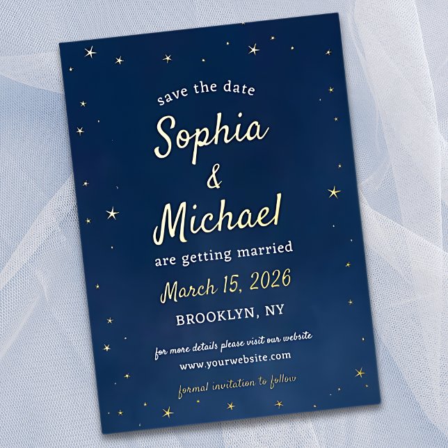 Elegant Navy & Gold Stars Celestial Save the Date Folieneinladung (Von Creator hochgeladen)