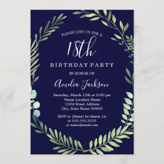 Elegant Navy Green Watercolor 18. Geburtstag Einladung