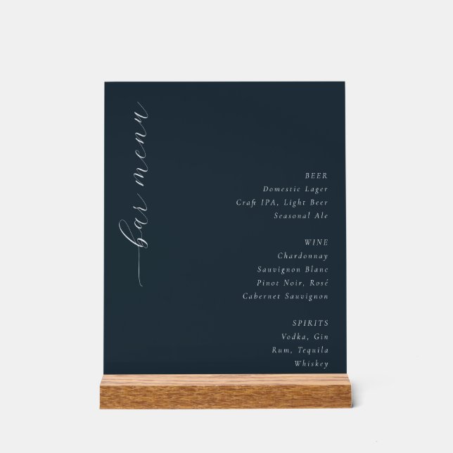 Elegant Navy Minimalist Bar Menu Acrylschild (Vorderseite)