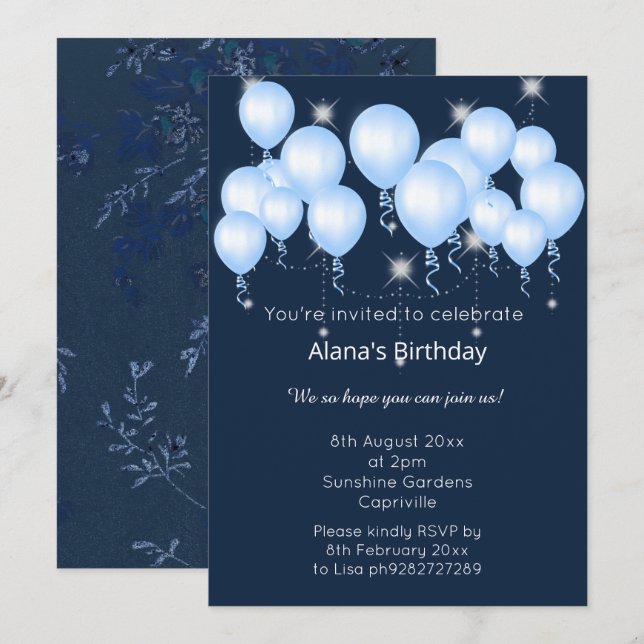 ELEGANT NAVY MODERN BALLOON BIRTHDAY EINLADUNG (Vorne/Hinten)