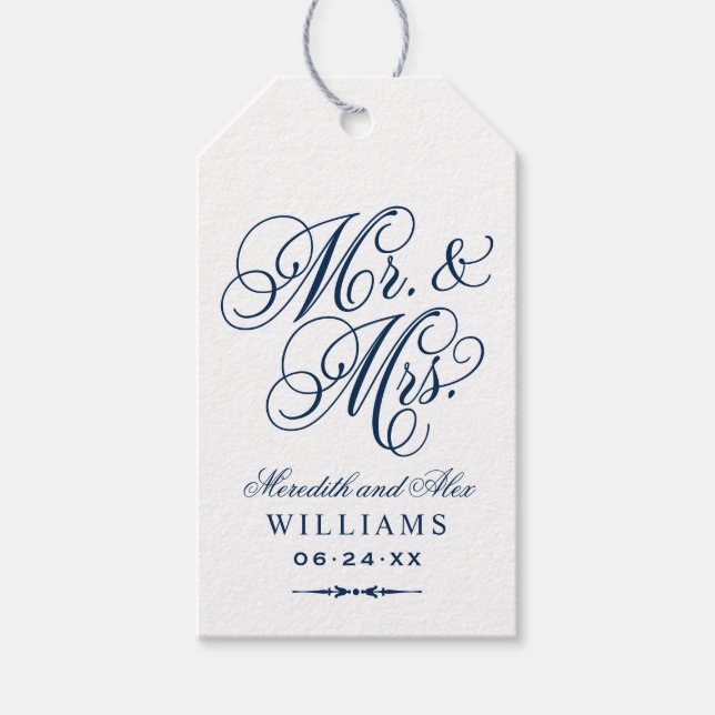 Elegant Navy Mr. und Mrs. Script Custom Monogram Geschenkanhänger (Vorderseite)