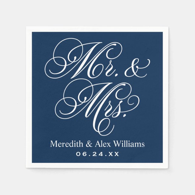 Elegant Navy Mr. und Mrs. Script Custom Monogram Serviette (Vorderseite)