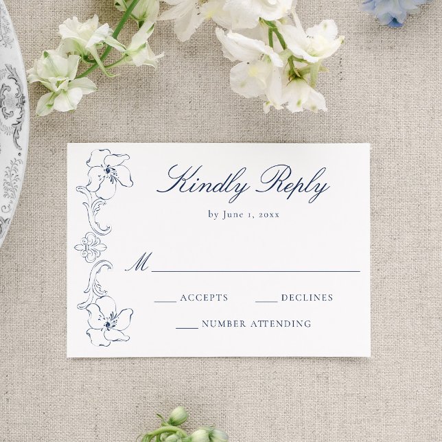 Elegant Navy Ornate Floral Frame Wedding RSVP Karte (Von Creator hochgeladen)