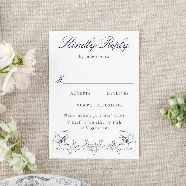 Elegant Navy Ornate Floral Wedding RSVP Karte (Von Creator hochgeladen)