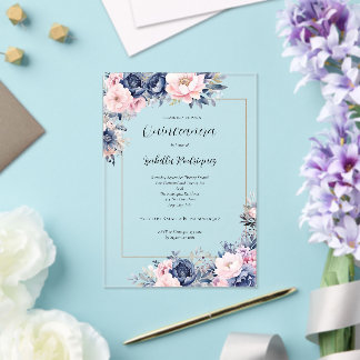 Elegant Navy Pink Floral Formal Quinceanera Acryleinladungen