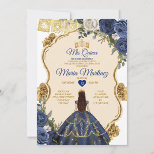 Elegant Navy Prinzessin White Floral Quiñceanera Einladung