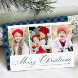 Elegant Navy Script Frohe Weihnachten 3 Foto<br><div class="desc">Einfache Weihnachtskarte mit drei senkrechten Fotos mit "Frohe Weihnachten" in einer festlichen Kalligraphie-Schrift. Personalisieren Sie die Vorderseite der Multi-Foto Weihnachtskarte mit Ihrem Familiennamen und dem Jahr. Die Karte kehrt zurück,  um ein modernes Marinemodell und ein kariertes Weiß anzuzeigen.</div>