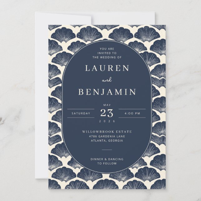 Elegant Navy Seashell Wedding Invitation Einladung (Vorderseite)