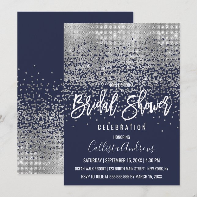 Elegant Navy Silver Glitzer Confetti Brautparty Einladung (Vorne/Hinten)