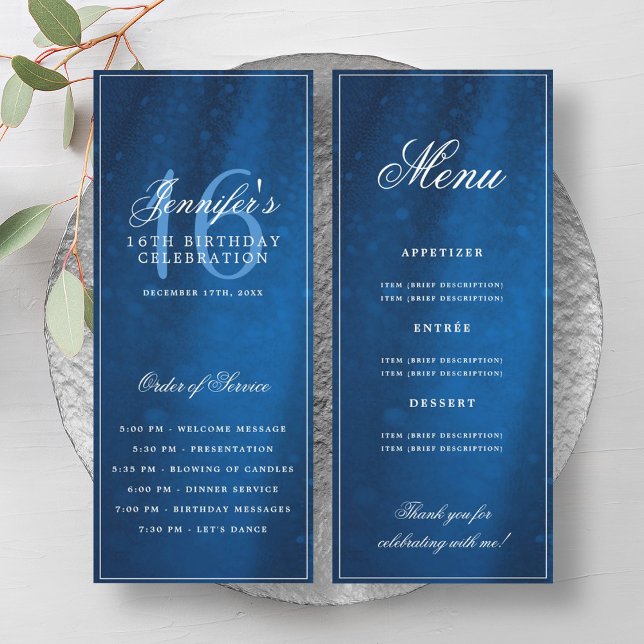 Elegant Navy Sparkle 16th Birthday Program Menu Einladung (Elegant Navy Sparkle 16th Birthday Program Menu)