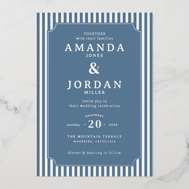 Elegant Navy Striped Wedding Invitation Folieneinladung (Vorderseite)