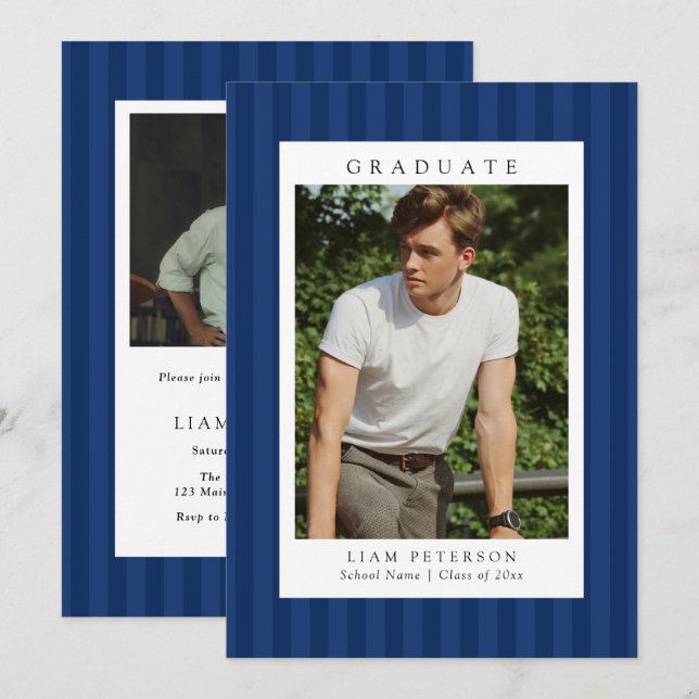 Elegant Navy Stripes 2 Photo Graduation Party Einladung (Vorne/Hinten)